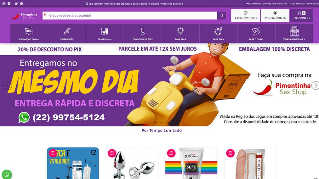 Screenshot da tela do Pimentinha Sex Shop, destacando a variedade de produtos