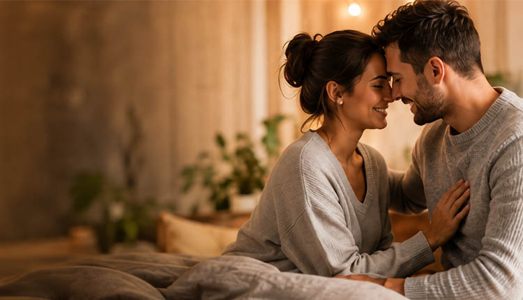 Casal sorrindo com rostos próximos em uma sala agradável