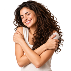 Mulher se abraçando e sorrindo representando autoconhecimento